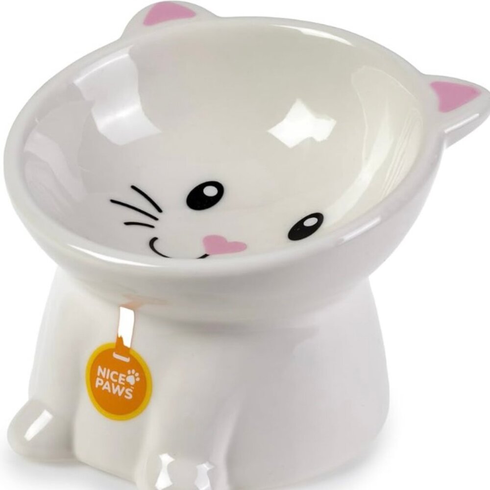 NWT Nice Paws Ceramic Elevated & Titled Cat Bowl - Set of 2 White/Grey